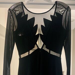 Black dress w/ long mesh sleeves and bodice! V-neck in back. 🖤